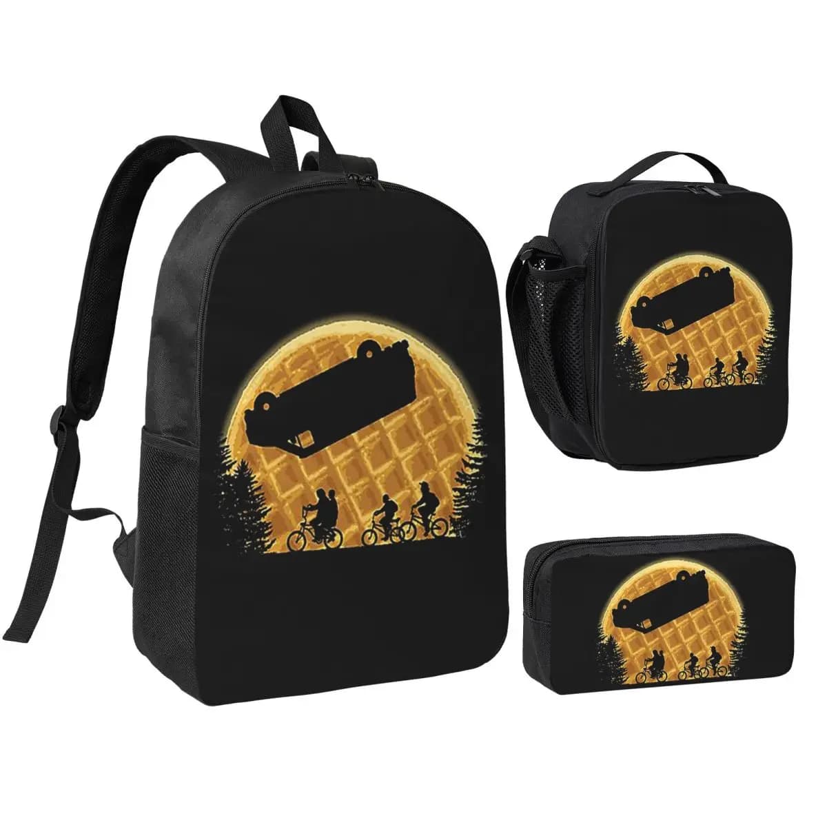 Zaino Stranger Moon per ragazzi e ragazze, borsa per libri, borsa da scuola, borse a tracolla, 3 pezzi, borsa termica per il pranzo, astuccio per matite