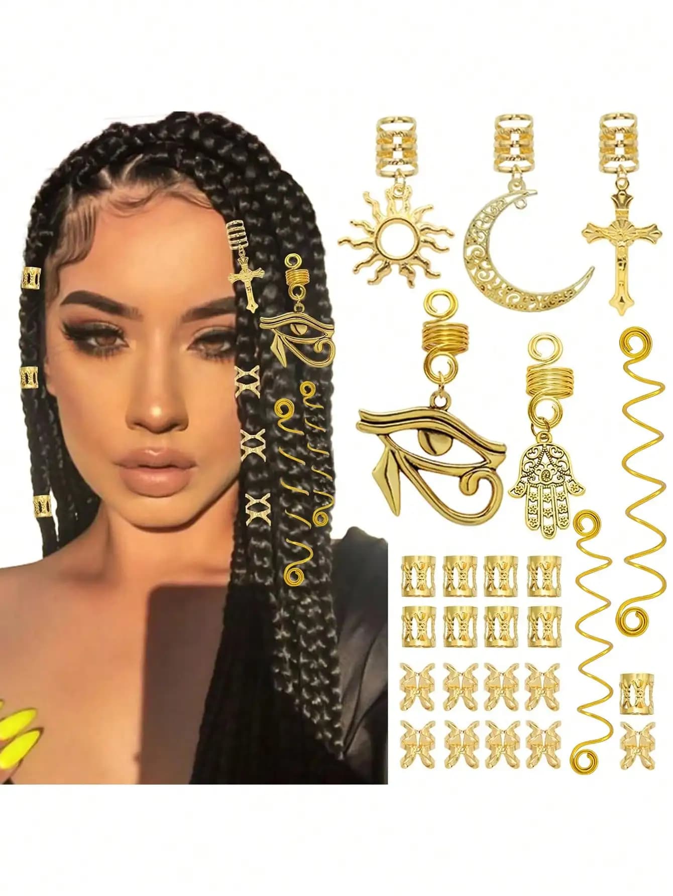 37 accessori per capelli dorati, adatti per trecce, dreadlocks, fermagli per trecce incrociate, varie perline per dreadlocks, fermagli a spirale, elastici per capelli in metallo, decorazioni per trecce, unisex, fermagli per capelli, forcine, accessori per capelli, accessori per la testa, forcine per capelli