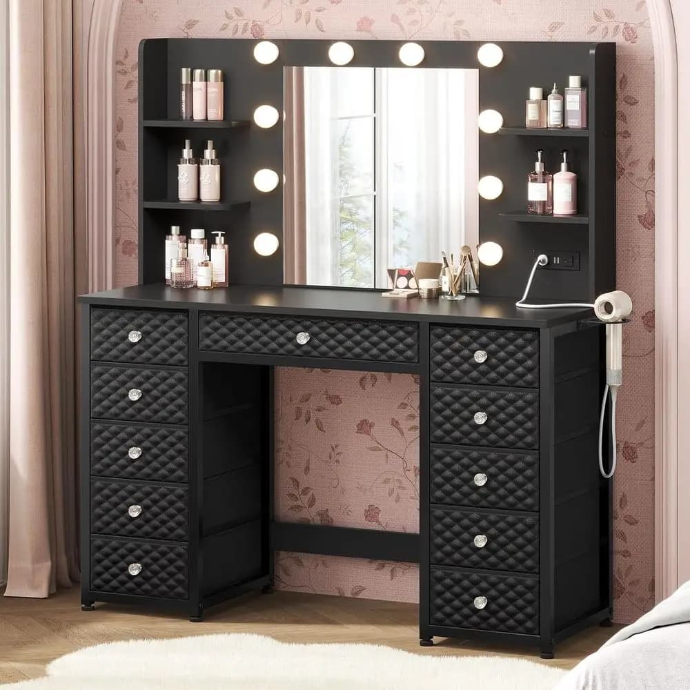 11 LED Lighted Makeup Vanity with Power Strip, 6 Shelves, 43.3 Desk Storage, Ideal for Dressing Table in Bedroom