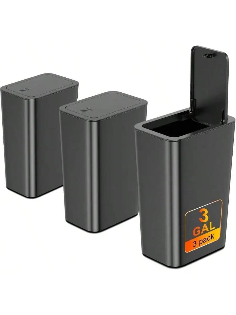 3 Pack 3 Gallon Small Trash Can With Lid Bathroom Kitchen Office Waste Basket Black