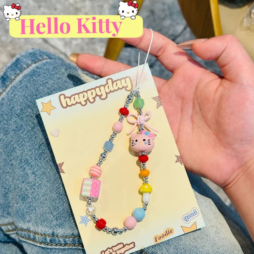 INS Kawaii Candy Color Hello Kitty Beaded Anti-lost Phone Wrist Strap Pink Bow Phone Key Chain Backpack Bag Pendant Accessories