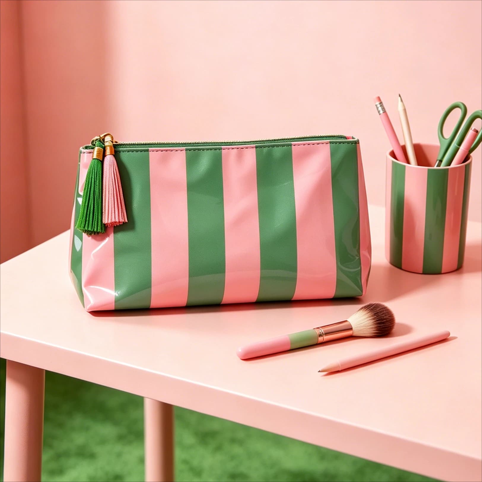 Classic Cosmetic Righe Bag with Hinge and Frange, Beauty PVC Travel Case for Makeup and Brushes, Travel Organization