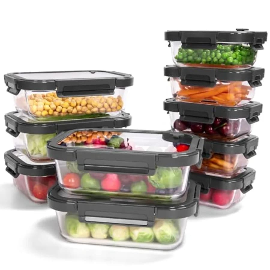 Set di 10 Contenitori in Vetro per Alimenti con Coperchi Temperati, in Borosilicato, Ermetici, Adatti al Forno da -20°C a 525°C, Senza BPA, 4.4 e 1.6