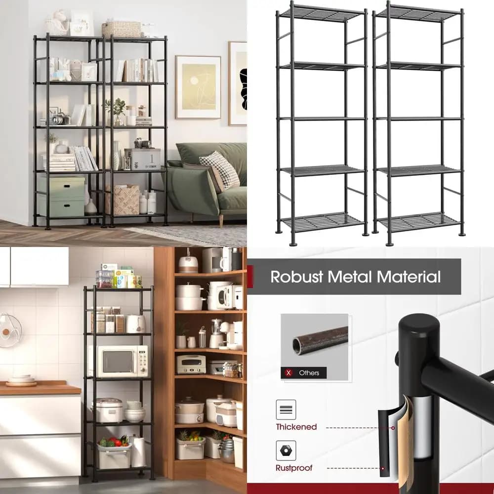 Scaffale Metallico a 5 Ripiani - Organizzatore Salvaspazio per Garage, Cucina, Lavanderia, Dispensa (18.4 x 12.6 x 57.4, Nero)