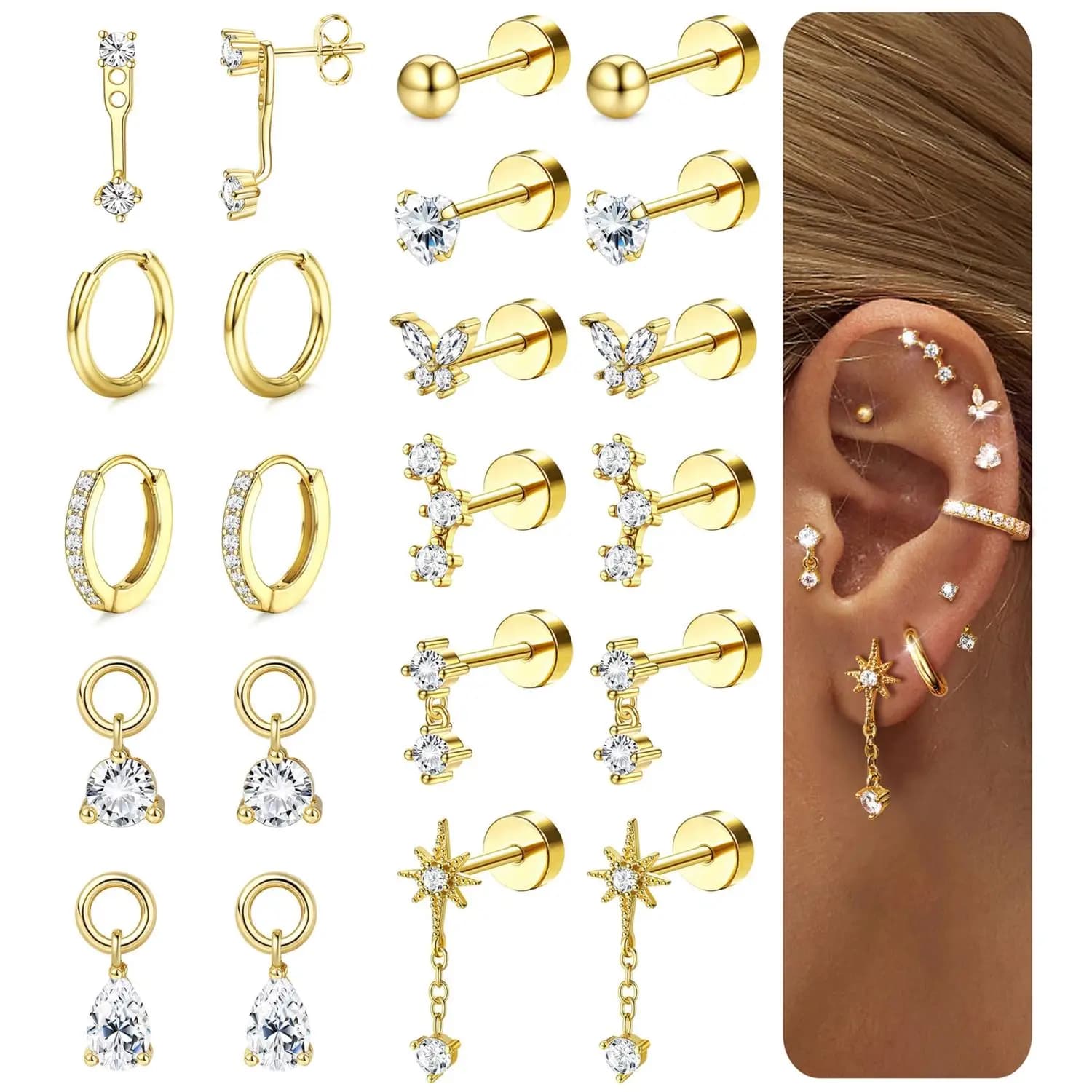 Orecchini a perno piatti ipoallergenici Bobisty da donna, set di gioielli per piercing a elice in acciaio chirurgico, per cartilagine e a cerchio