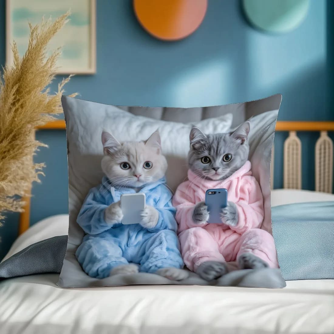 Cute Cat Printed Pillow Cover Two Cat Playing with Mobile Phone Pattern Warm Home Sofa Car Cushion Cover Decor Gifts