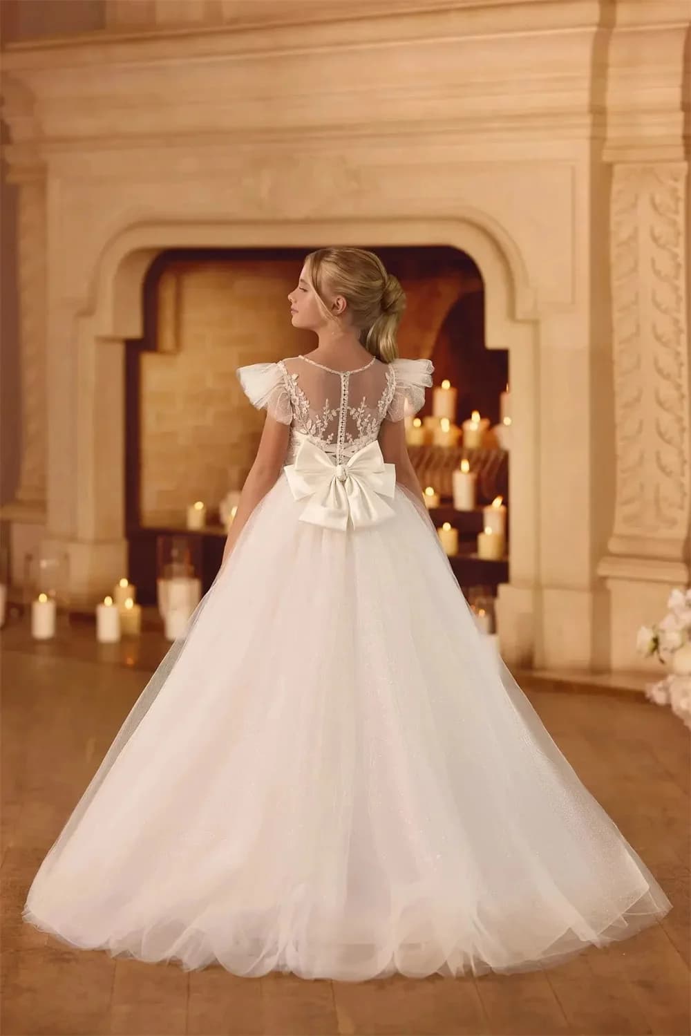 Abito da Cerimonia di Lusso Avorio per Ragazza, con Pieghe, Paillettes, Applicazioni in Pizzo, Lungo, Personalizzabile, Elegante, per Prima Comunione