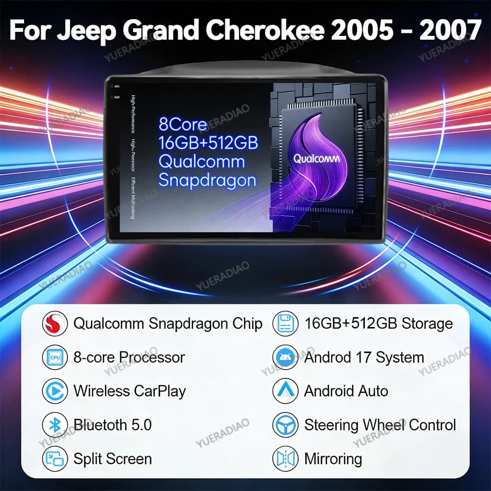 Android 17 Car Radio For Jeep Grand Cherokee 2005 - 2007 Multimedia Video Player Carplay Auto 2K Screen NAVI GPS Head Unit QLED