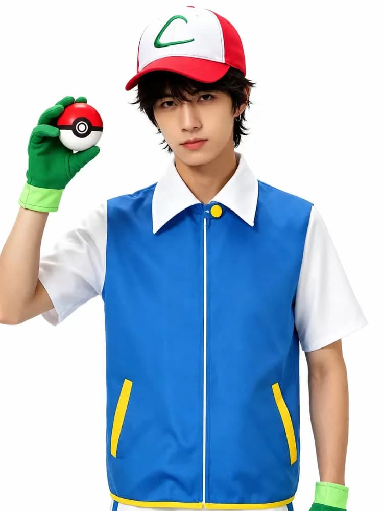 Satoshi Cosplay Costume from the Anime Men's Blue Jacket Trainer Gloves Hat and Ball Top Set—Christmas Gift and Party Outfit