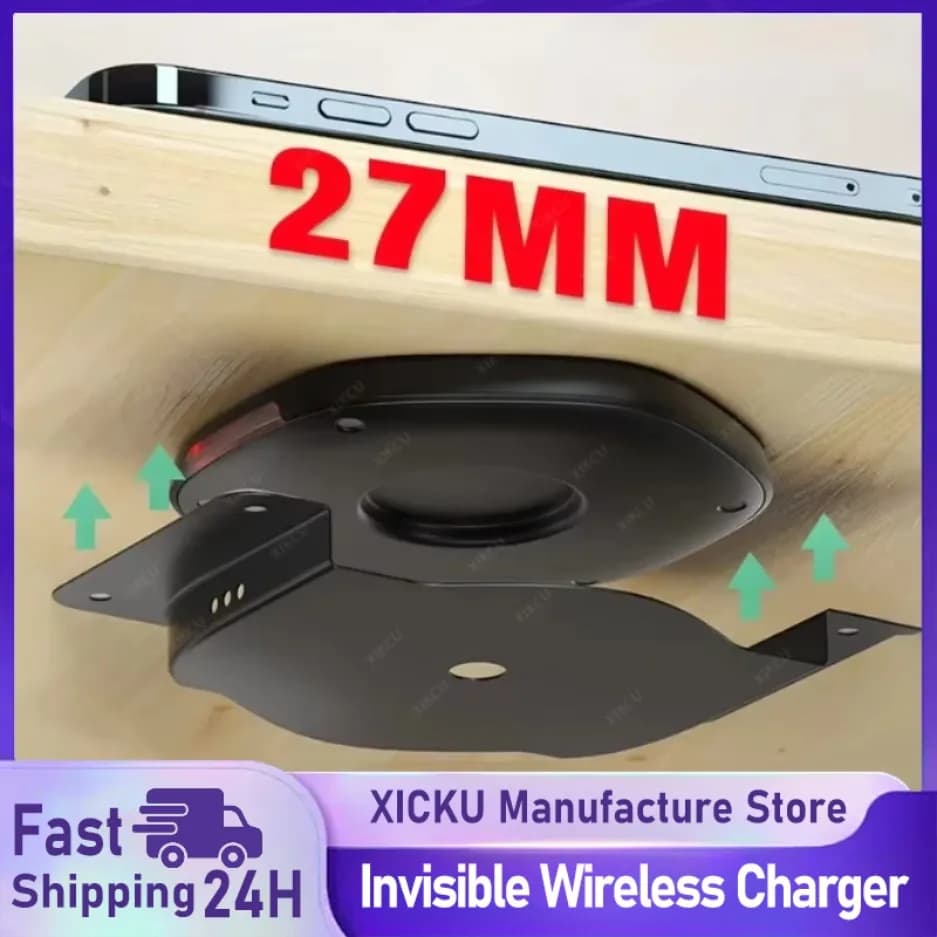 Caricabatterie wireless invisibile 27mm Caricatore sotto il tavolo Stazione di ricarica wireless veloce per mobili da scrivania per iPhone 16 15 14 13 Samsung