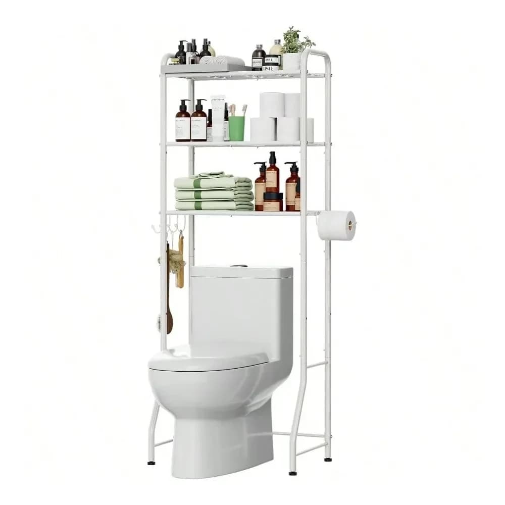 Scaffale portaoggetti per WC, scaffale organizer da bagno a 3 livelli in metallo con porta carta igienica e 3 ganci, bianco