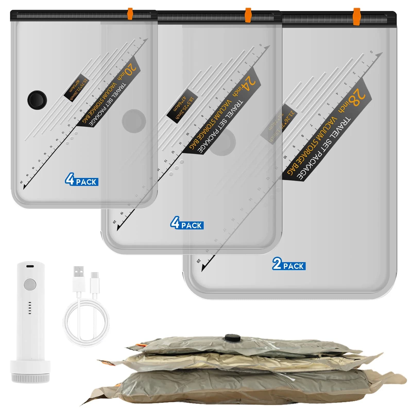 10Pcs Vacuum Storage Bag with Cordless Electric Pump Reusable Transparent Compressed Vacuum Bag Clothes Luggage Travel Container