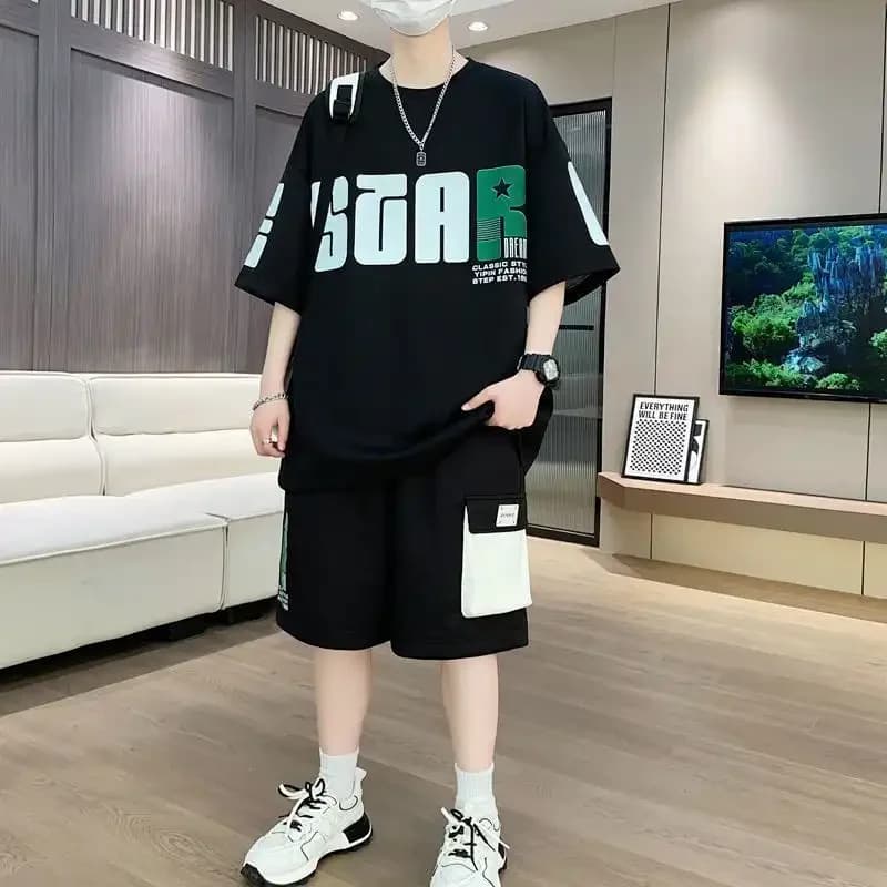 Men Oversized Letter Print Two Piece Tracksuit Short Sleeve T Shirt Drawstring Shorts Casual Outfit S 5XL