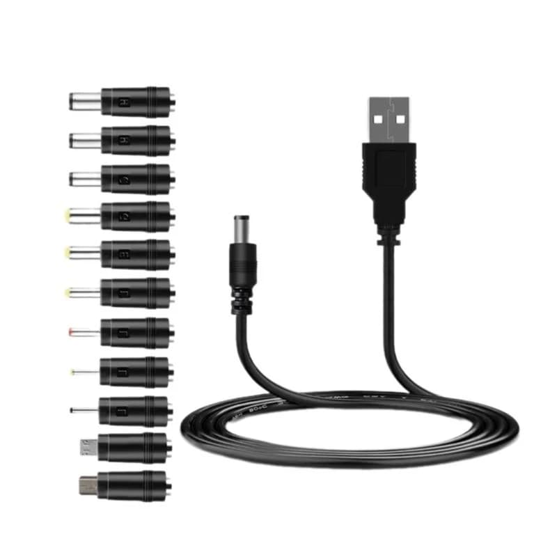 Universal USB to 5 V DC Jack charging cable from 5.5x2,1 mm with 12 Micro USB MINI interchangeable adapters
