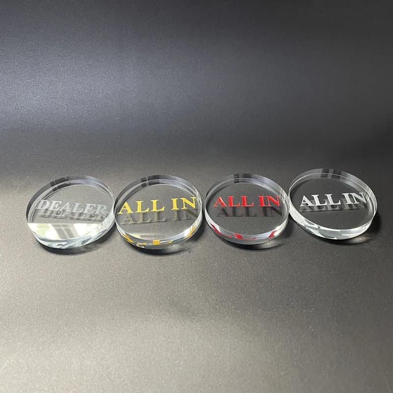 Token di gioco "ALL IN" e "DEALER" in cristallo trasparente in 4 colori, desktop da 6 cm/2,36 pollici e accessori per giochi da tavolo competitivi
