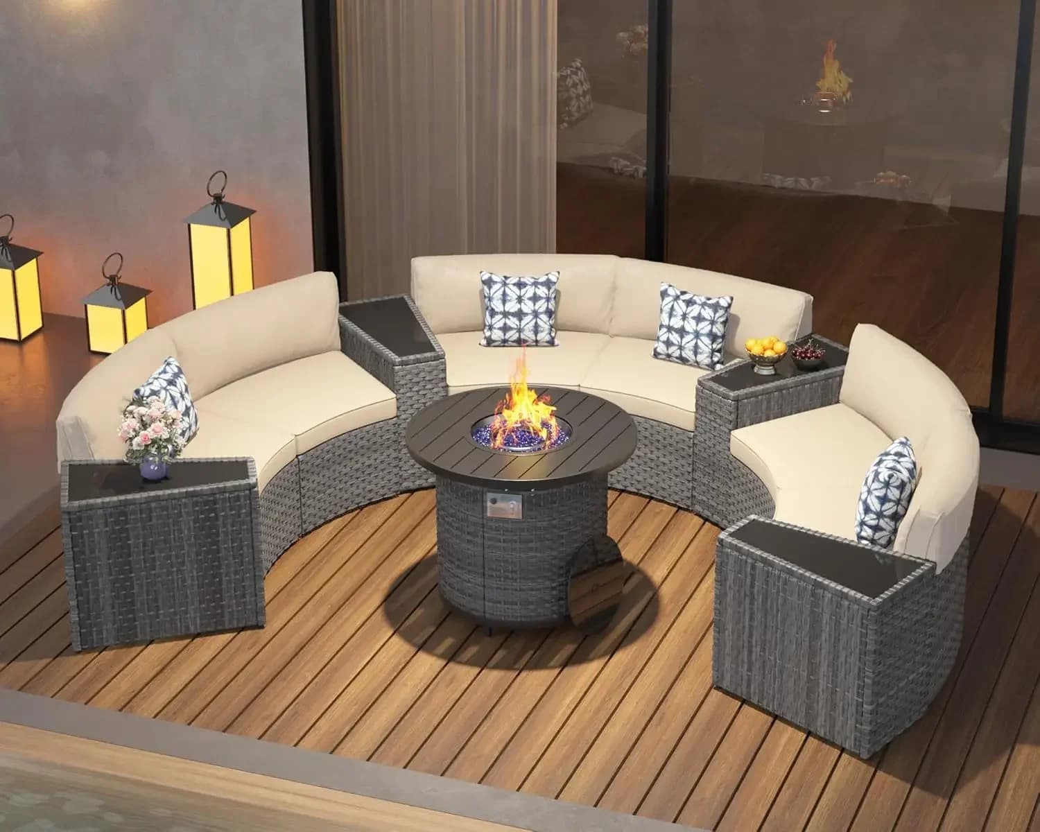 l Patio Furniture Set with 32" Fire Pit Table, 11 Pieces Half-Moon Curved Outdoor Sectional Sofa & Side Table Waterproof Cover