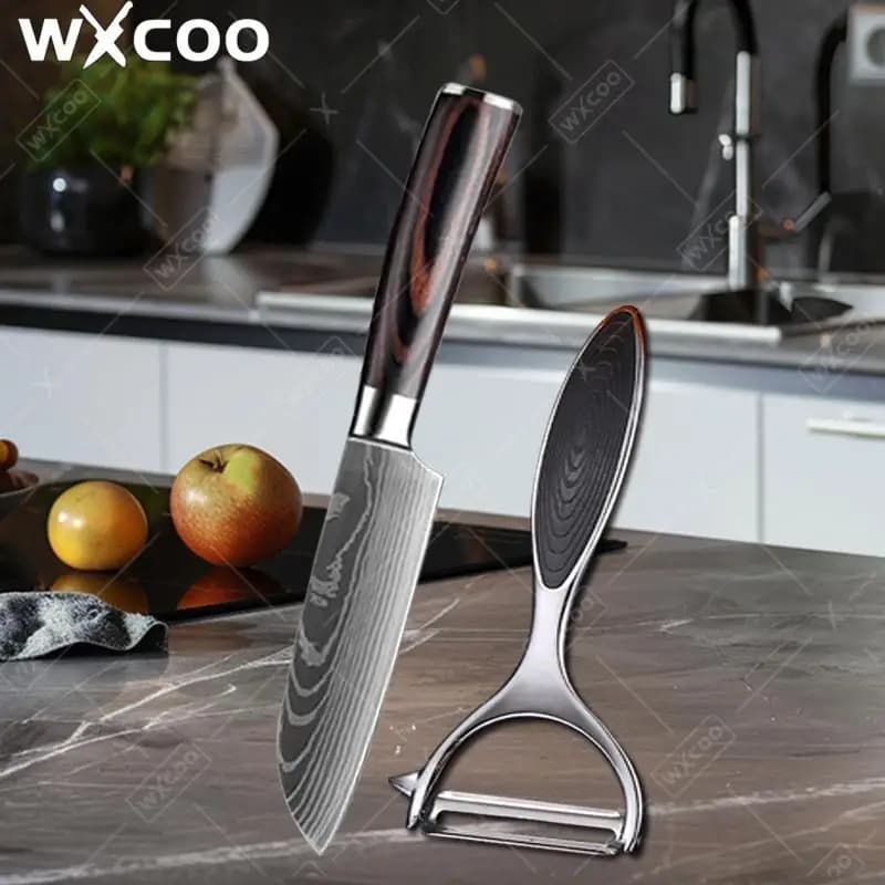 Coltello Professionale Giapponese da 5 Pollici per Tagliare Verdure, Coltello Santoku in Acciaio Damascato con Incisioni Laser per Uso Domestico, Pelapatate, Coltelli da Cucina