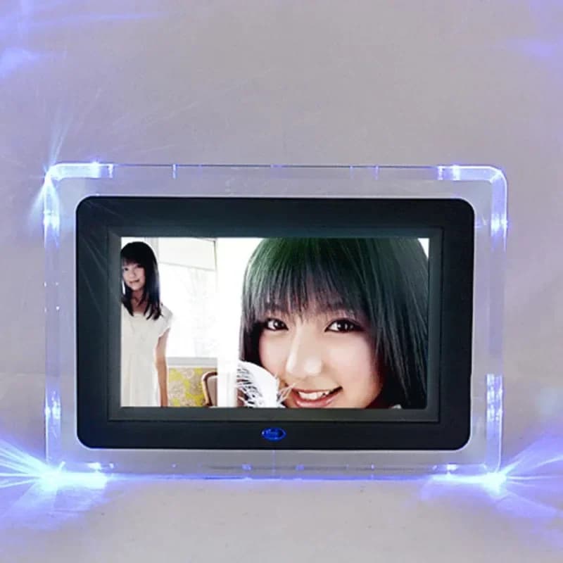 Cornice digitale da 7 pollici in acrilico, album elettronico con luce LED colorata, riproduzione di musica, foto e video da USB.