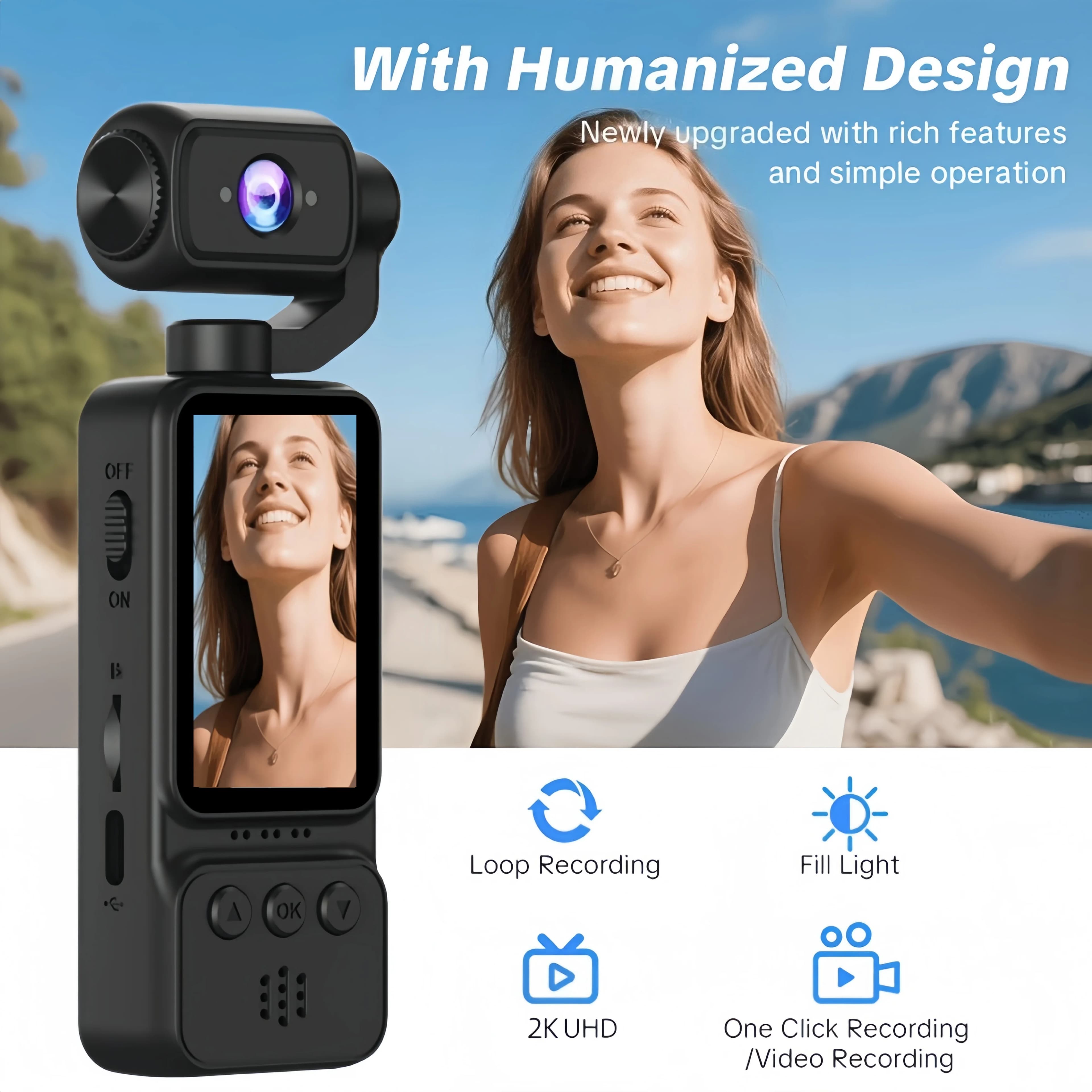High-definition pocket camera, 1000mAh battery, webcam, USB-C charging, travel and action camera