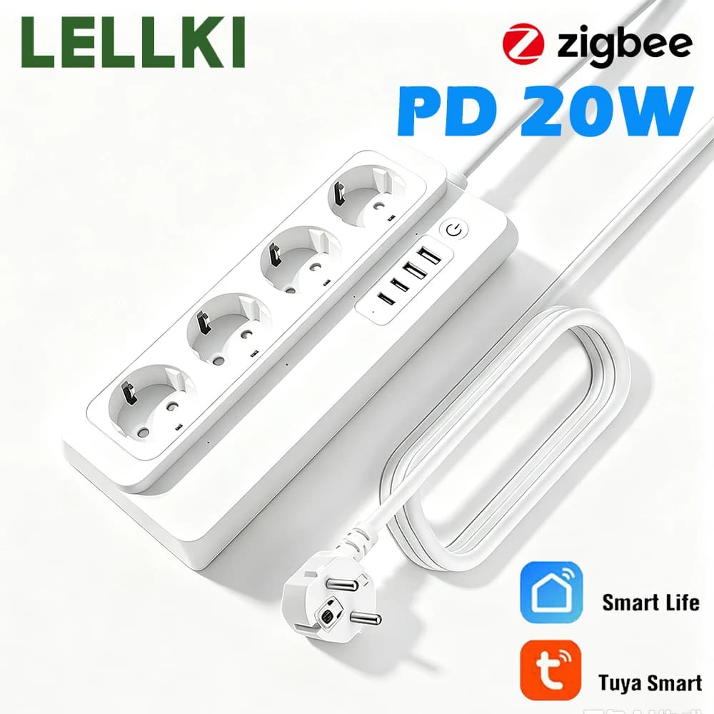 LELLKI Tuya Socket PD20W EU Zigbee Smart Power Strip Plug Works with Alexa Google Home Yandex Alice 220V 16A Zigbee2mqtt