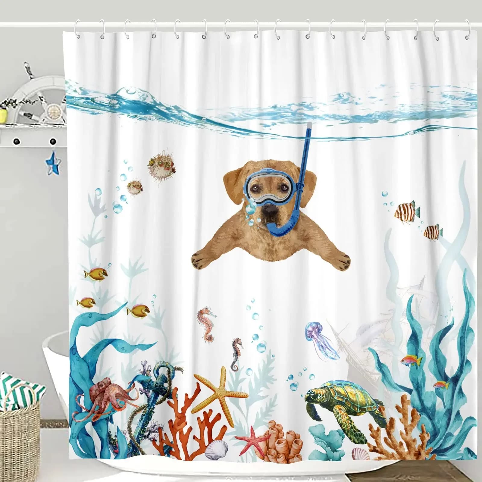 Divertente Tenda Doccia con Cani, Tende Doccia Blu Oceano con Animali: Polpo, Stella Marina, Tartaruga, Ancora, Pesce - Tende Nautiche per Bagno