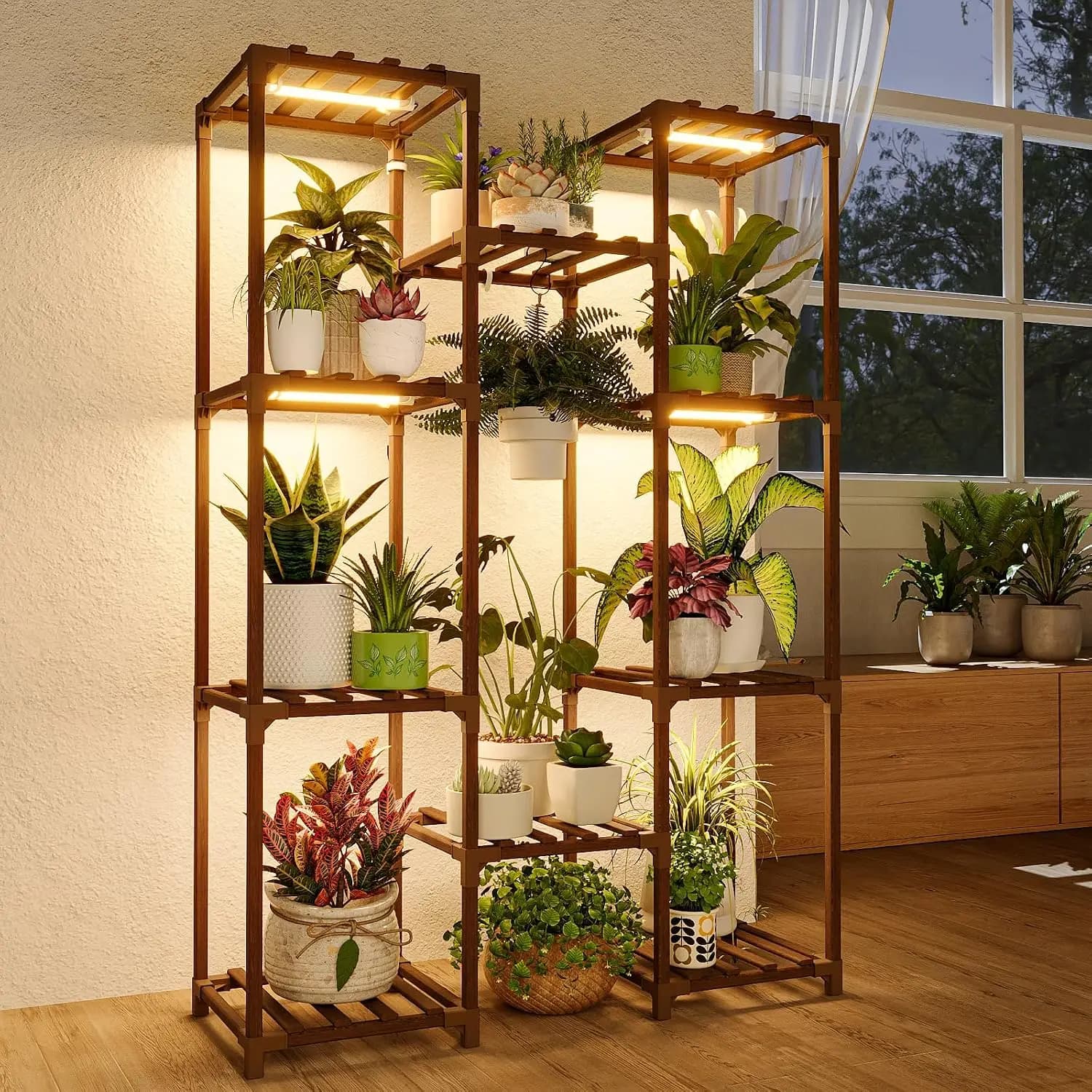 Plant Stand with Grow Light Plant Shelf for Mutiple Pots Large Plant Holder for Living Room Patio Boho Home Decor for Gardening Warm Light