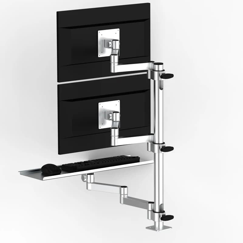 Supporto per Monitor a Doppio Schermo con Vassoio Tastiera Integrato, Braccio Industriale Meccanico per Display, Inclinazione a 90 Gradi
