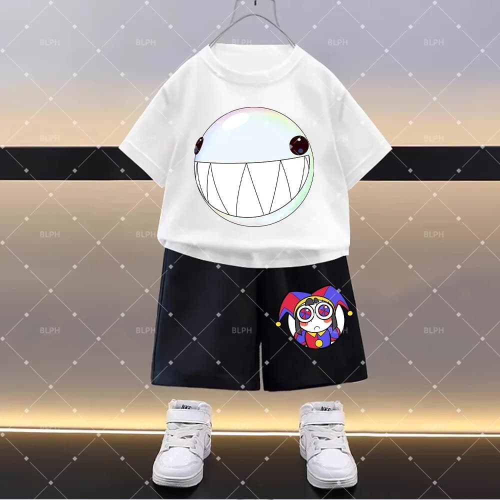 Simpatico set di t-shirt per bambini con personaggio del Re dello Scacchiera del The Amazing Digital Circus, per ragazzi e ragazze, maglietta e pantaloni a maniche corte con cartoni animati alla moda