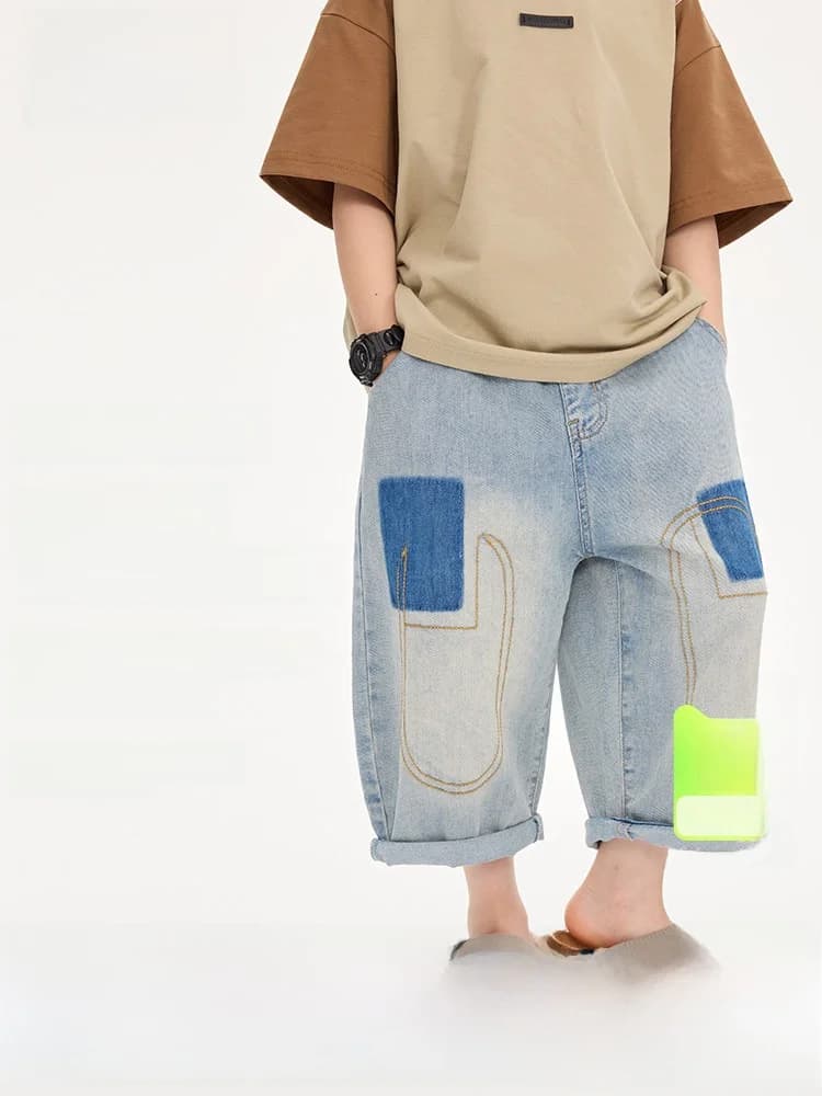 Boys' Denim Jeans mid Waist Washed Color Block Seven-Foot Length Summer Fashionable Kids Clothing Korean Style Children's Pants