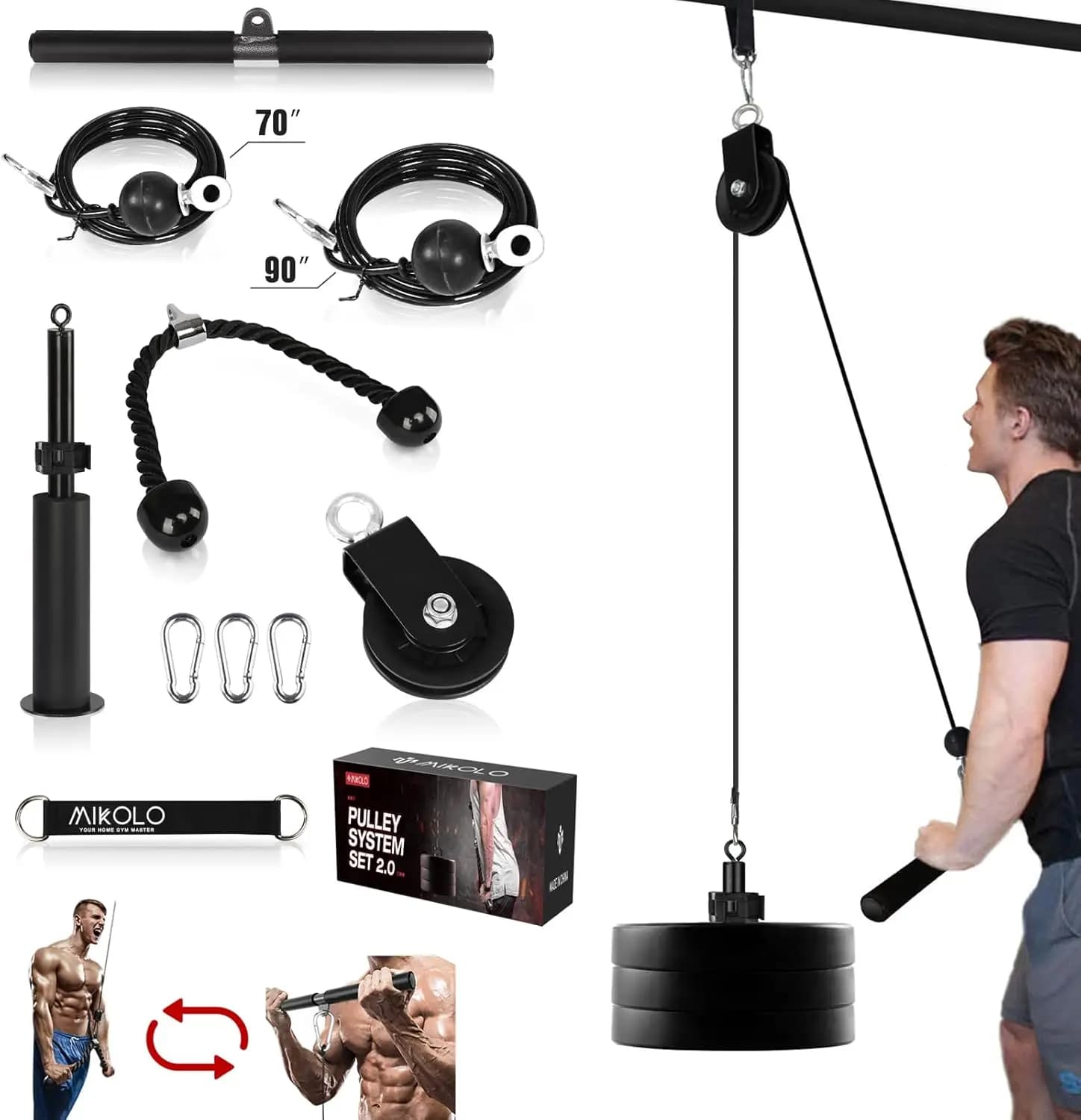 Macchina a Doppio Cavo per Palestra Domestica - 70'' e 90'' con Perno di Carico per Allenamenti di Tricipiti, Bicipiti e Schiena