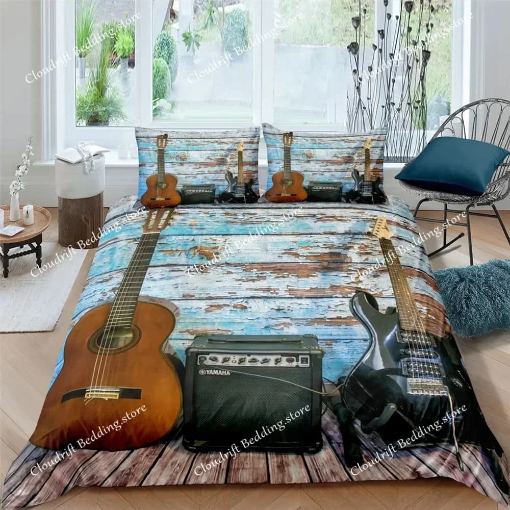 Set di Biancheria da Letto con Motivo Chitarra, Copripiumino Heavy Metal Punk Rock per Ragazzi, Coperta in Poliestere con Note Musicali 026