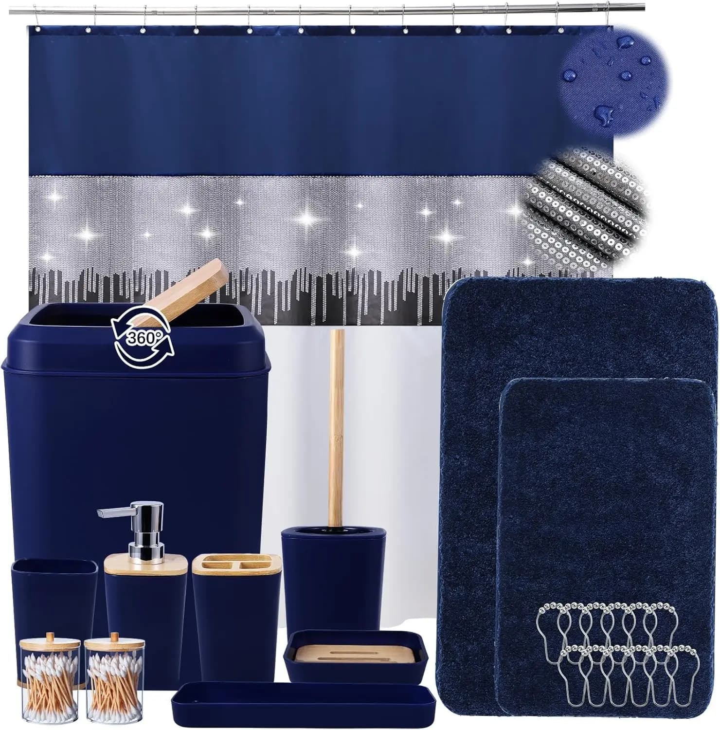 Set da Bagno Blu Navy 24 Pezzi con Tenda Doccia, Tappeti e Cestino - Accessori Completi per Bagni Moderni