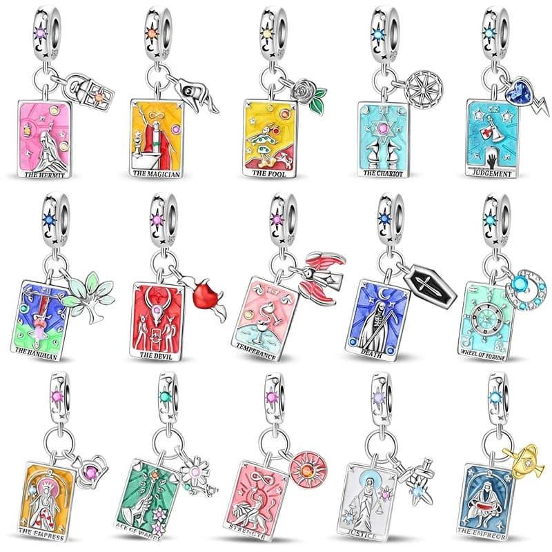 Hot 925 Sterling Silver Tarot Card Wheel of Fortune Stars and Moon Pendant beads Fits 3mm Bracelet , DIY Birthday Jewelry Gift