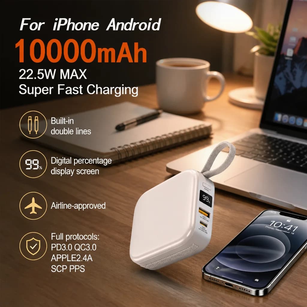 Power Bank 10000mAh Mini 22.5W Fast Charge Built-in Dual Cables Portable Charger For iPhone Android