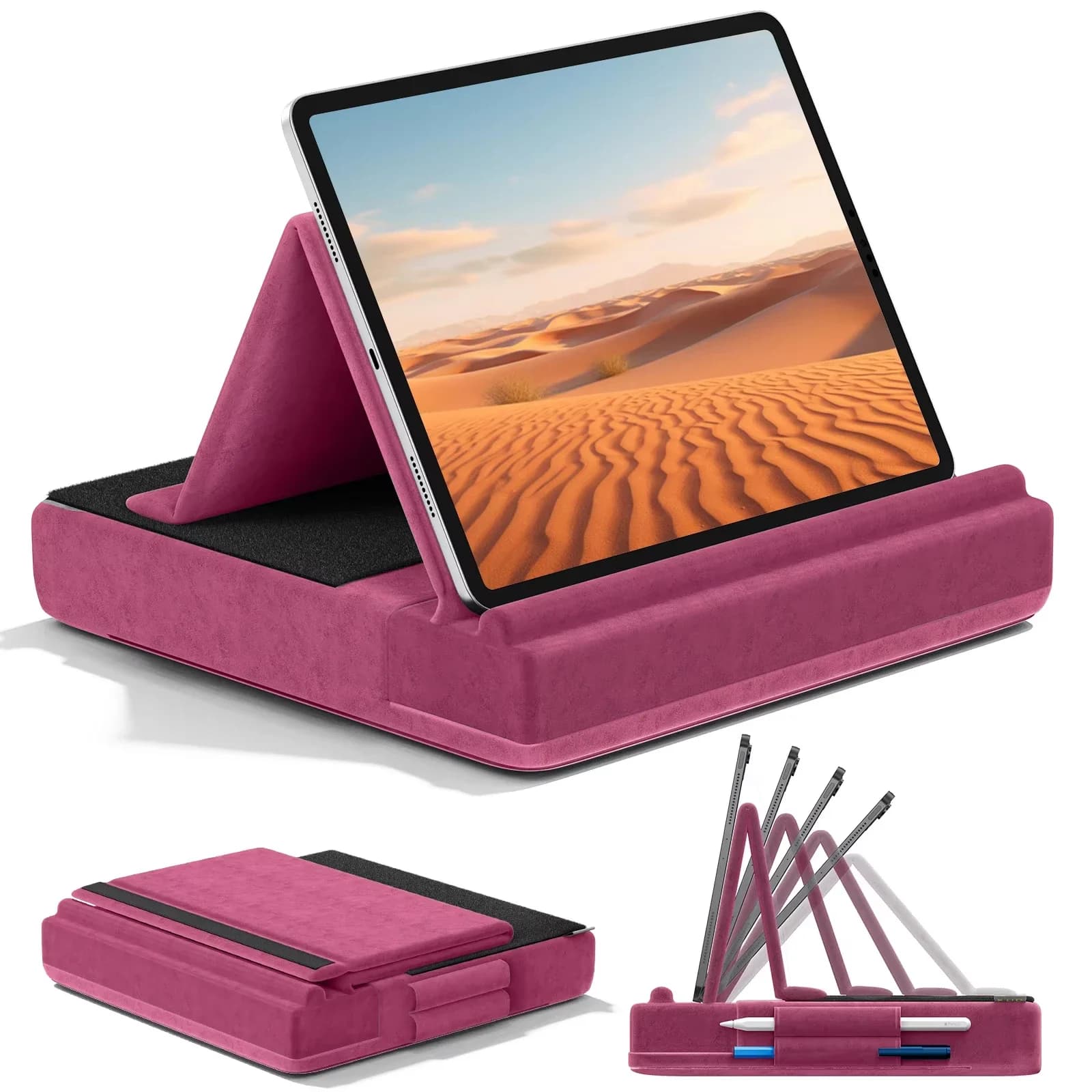 Supporto per cuscino per tablet aggiornato Supporto per iPad con visualizzazione multi-angolo per letto e scrivania Dock pieghevole morbido con supporto per stilo