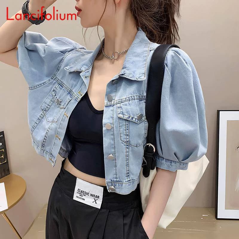 Estate sottile base coreana moda Baggy giacca di Jeans abito abito pantaloni abbinati manica corta a sbuffo Crop Top Jeans giacca donna 2022