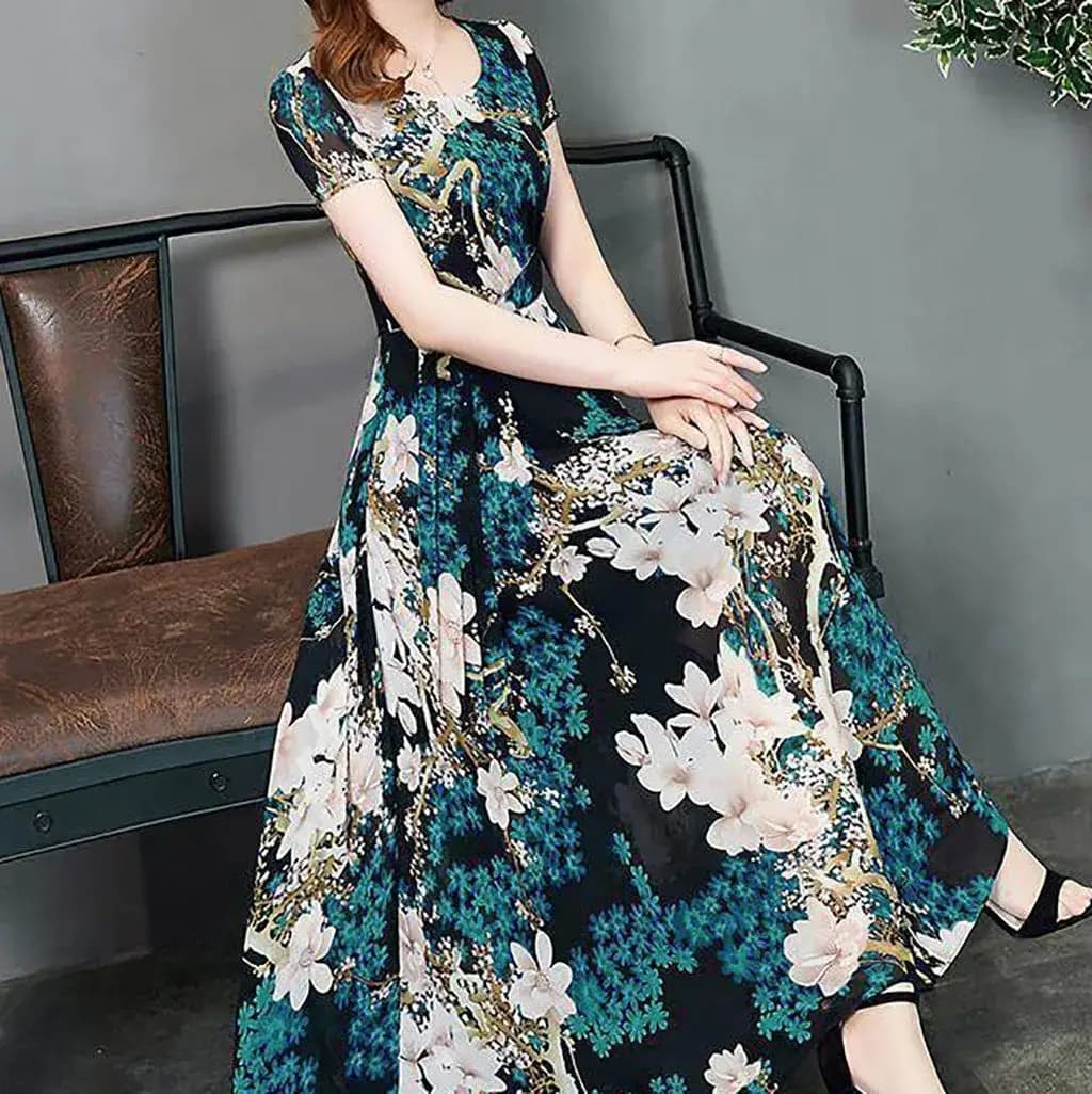Short sleeve slim fit summer dress with floral print, round neckline and waistband, two-piece fake effect, 100% cotton