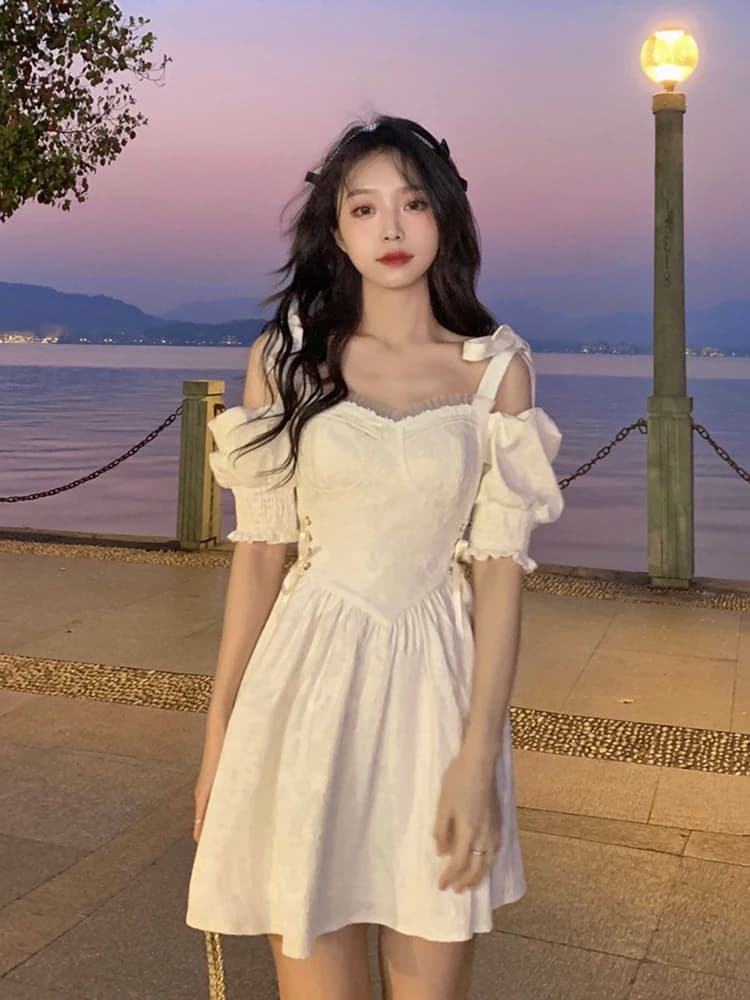 Sweet Short White Bubble Sleeve One Shoulder Dress Women's New Style Slimming High Waist A-Line Skirt Summer Commute Style
