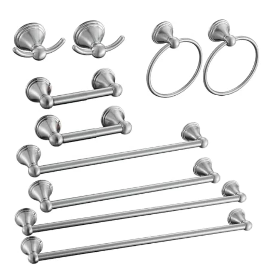Set di accessori per il bagno, 10 pezzi, da parete, in nichel spazzolato: portasciugamani da 20 pollici, portasciugamani da 16 pollici, anello portasciugamani, TP