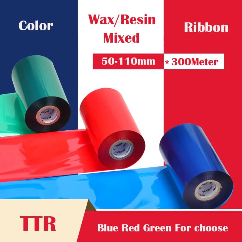 Rotolo di nastro a trasferimento termico misto resina cerata a colori nastro in fibra di carbonio carta per etichette con codice a barre TTR 50-110mm larghezza 300m