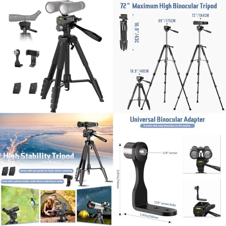 Binocular Tripod, 72” Spotting Scope Tripod Stand with Binocular Adapter and 2 QR Plates, Travel Camera Stand with Phone Holder/Carry Bag, Compatible with Binoculars/Spotting Scope/Camera/Phone