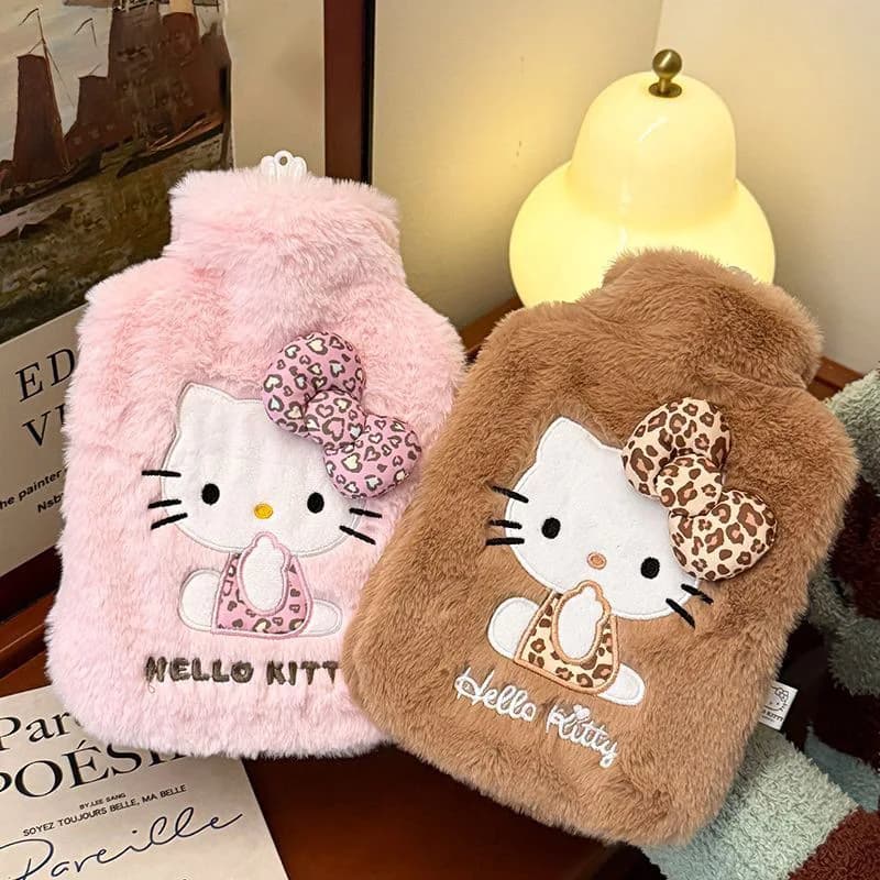 Borraccia termica Hello Kitty con stampa leopardata in stile Ins, imbottita in peluche, con rivestimento interno ispessito, scaldamani invernale per donne e ragazze