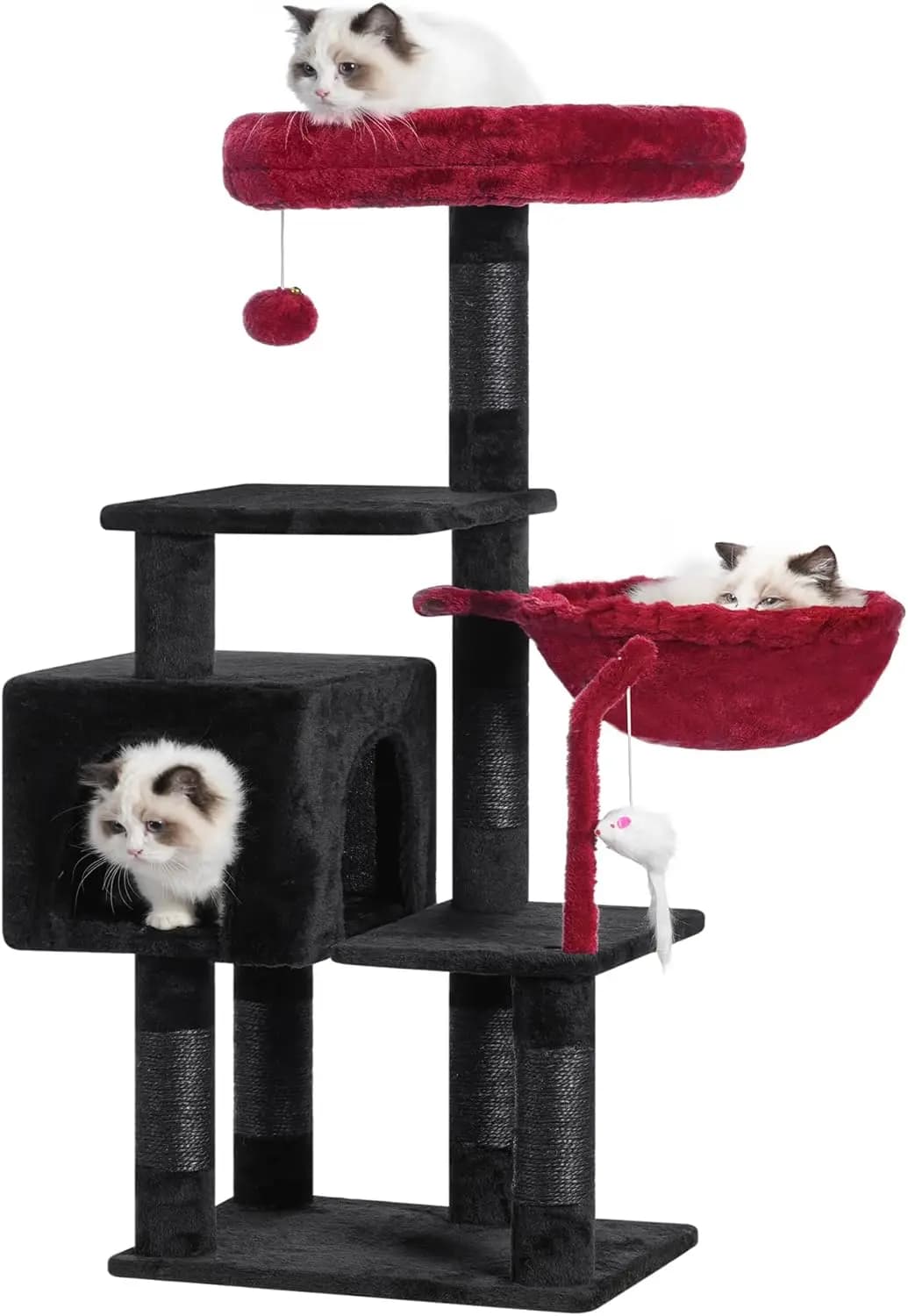 Albero per Gatti con Giocattolo, Torre con Cuccia per Gatti da Interno, Sdraio Imbottita, Amaca e Tiragraffi in Nero e Rosso