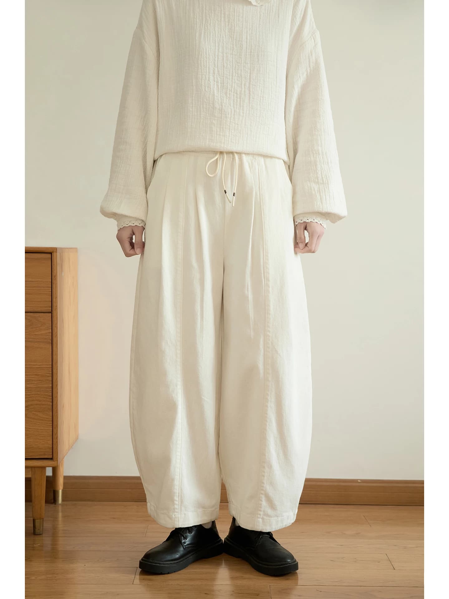 Casual Pure Color Straight Leg Pants Elastic Waist Rope Belted Versatile Comfortable Cotton Ladies Boys Teens Spring Fashion