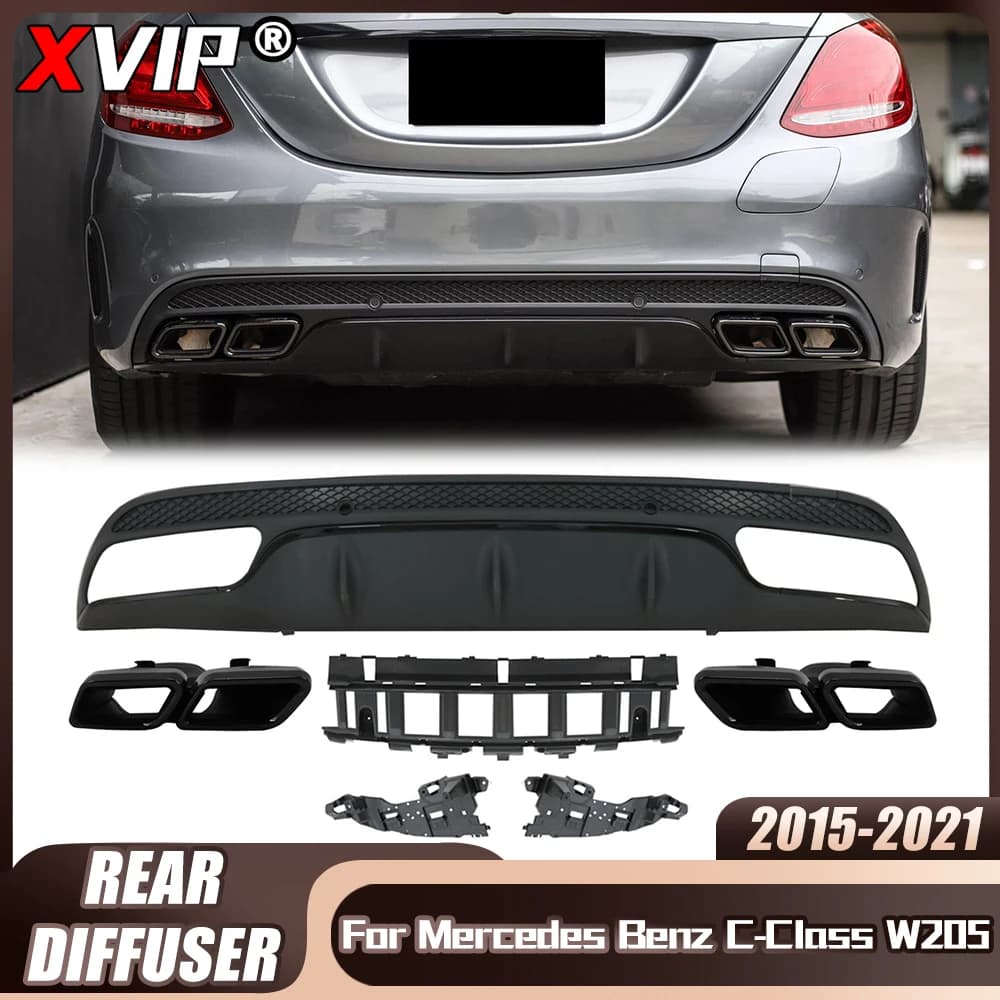 XVIP W205 Rear Bumper Lip Diffuser Spoiler Splitter With Black Exhaust Pipe For Mercedes Benz C-Class W205 Sedan C200 C250 15-21