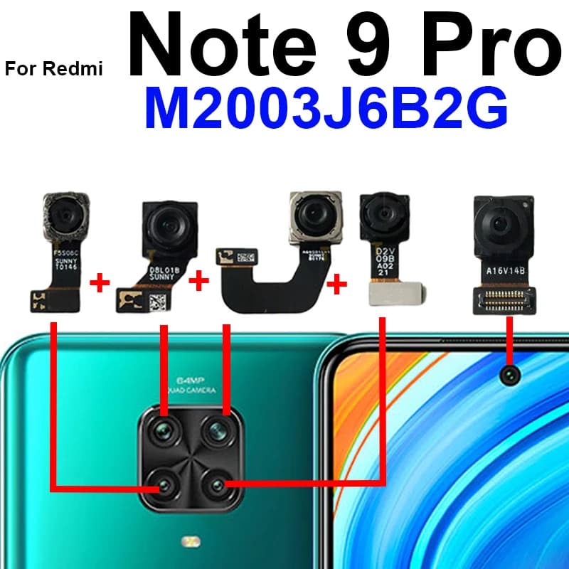 Fotocamera anteriore posteriore per Xiaomi Redmi Note 9 Pro M2003J6B2C Parte posteriore anteriore piccola selfie rivolta parti del modello del cavo flessibile della fotocamera ultra larga