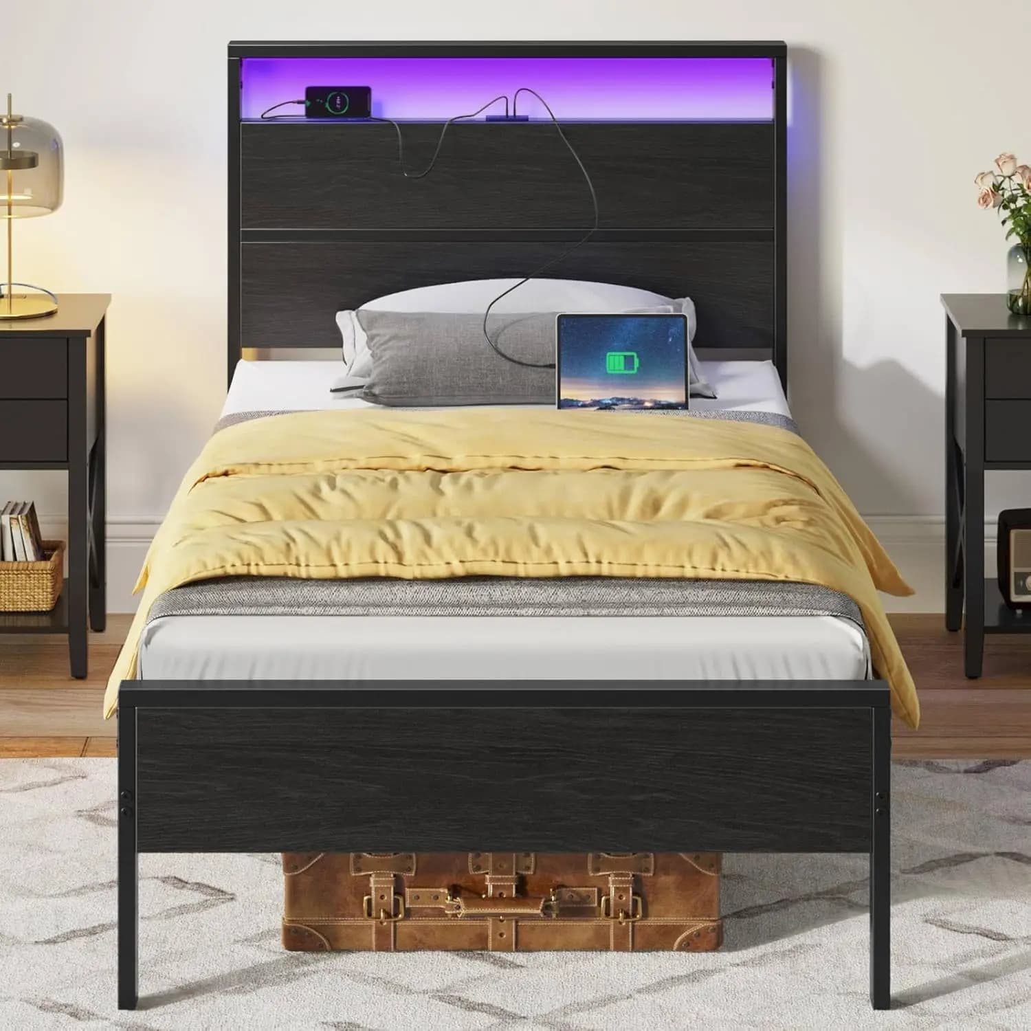 Struttura letto singolo con luci a LED, stazione di ricarica e contenitore: senza rumore, senza bisogno di molle