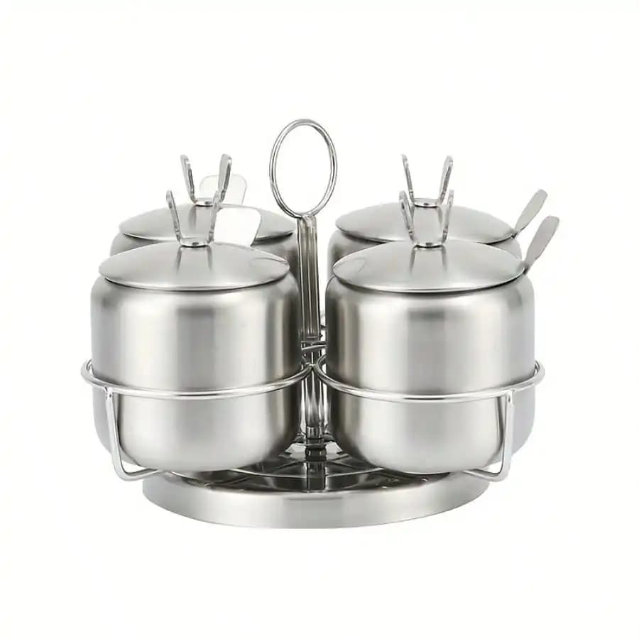 Stainless Steel Seasoning Jar Set With Spoon Spice Container With Swivel Base Salt Sugar Condiment Pot Kitchen Accessories