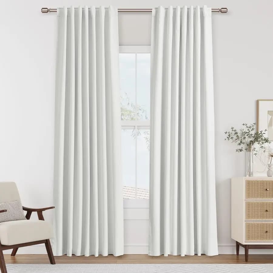 100% Dark White Linen Curtains, Length 84 Inches, Set of 2 Living Room and Bedroom Panels, with Back Languages, Thermal Insulation, 100% Dark D