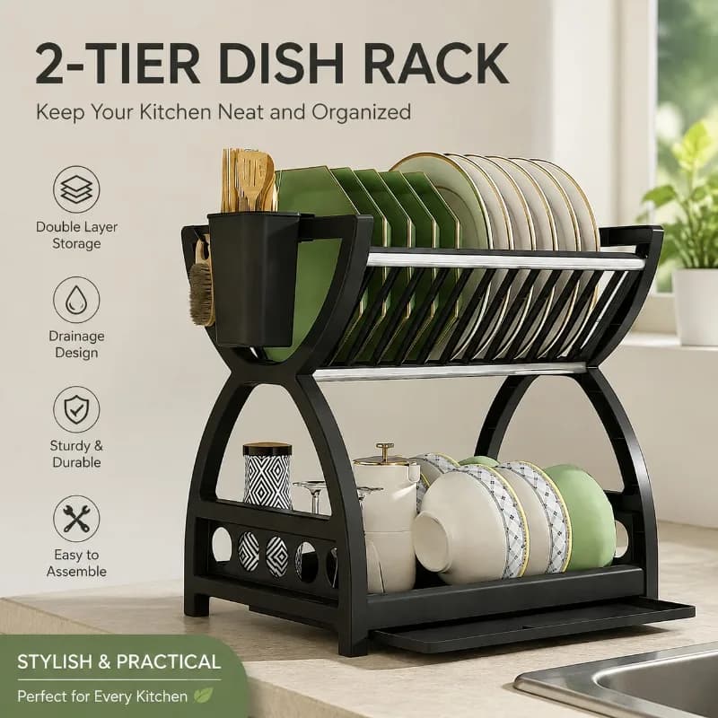 2 Tier Dish Drying Rack Kitchen Countertop Plate Bowl Storage Organizer With Drain Tray Utensil Holder Space Saving Shelf Stand
